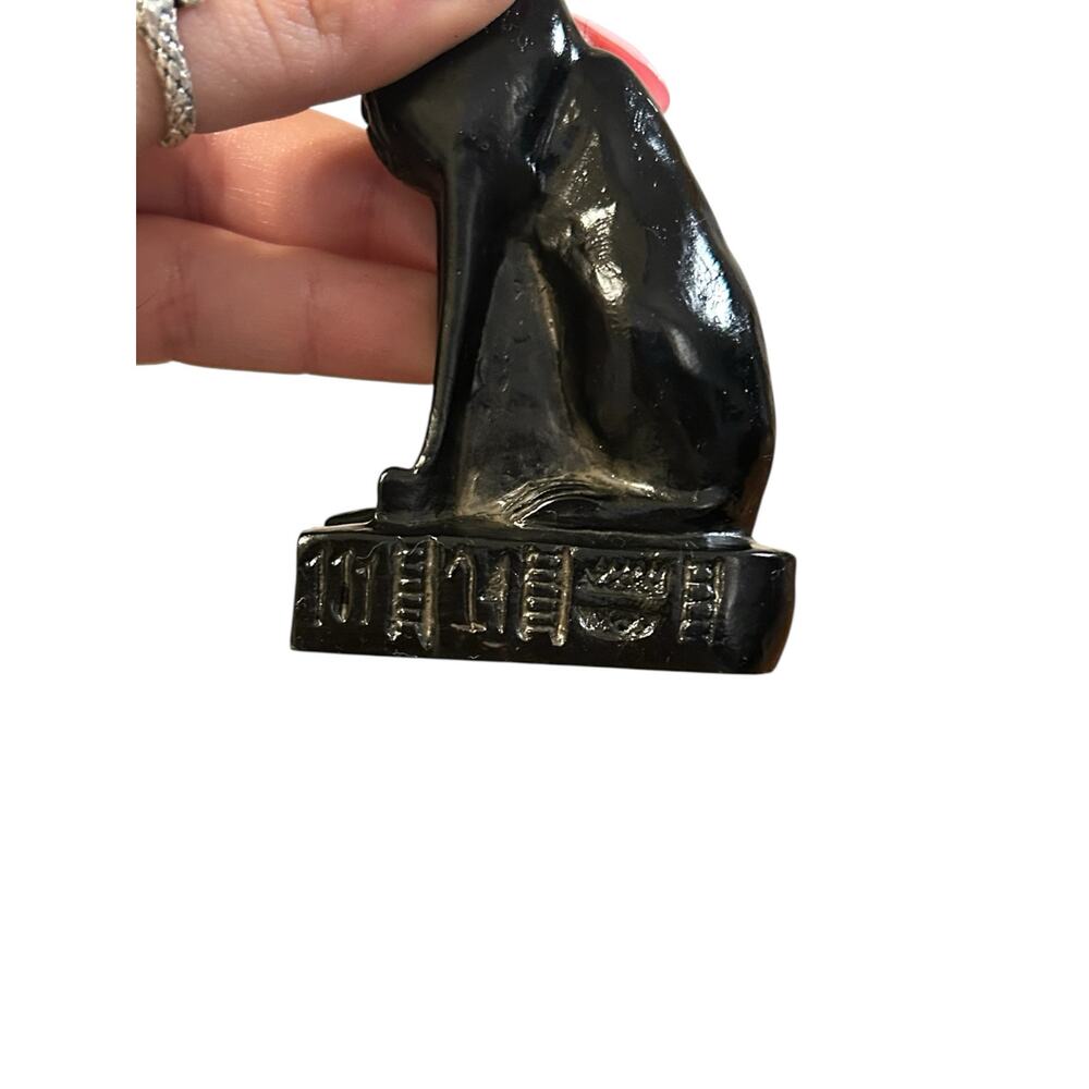 Pair Egyptian Bastet Cat Goddess Statues w/ Scarab Medallion Hieroglyph Base - Picture 7 of 7